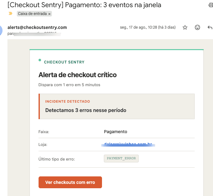 Alerta com a descrição do problema