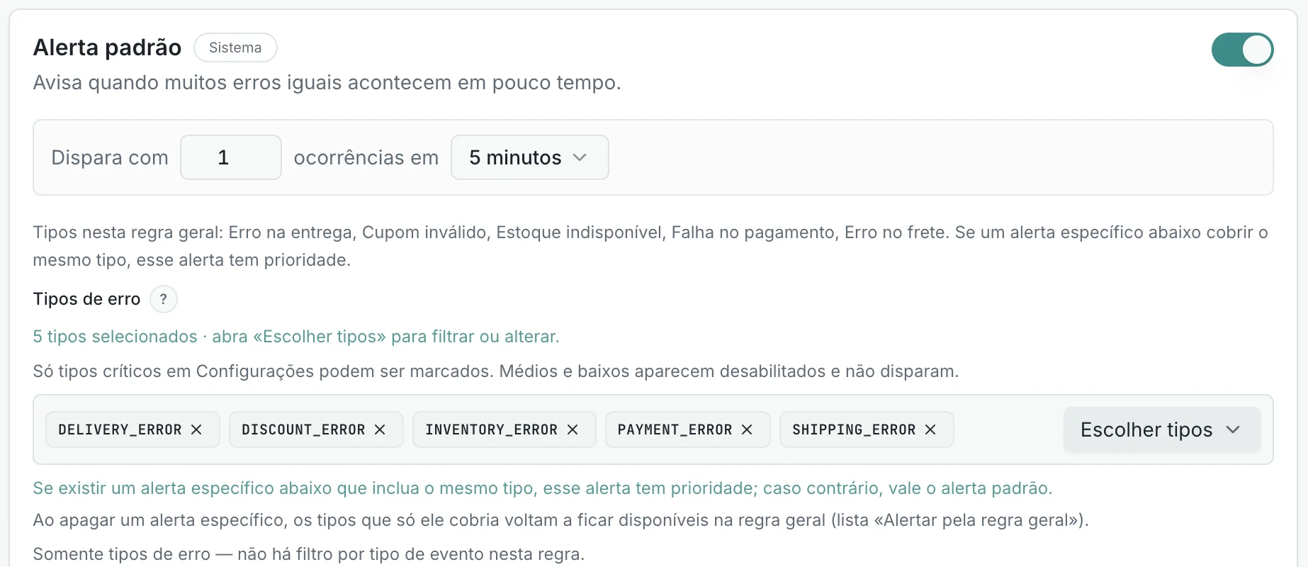 Configuração de alerta com os tipos de erro e os canais de envio